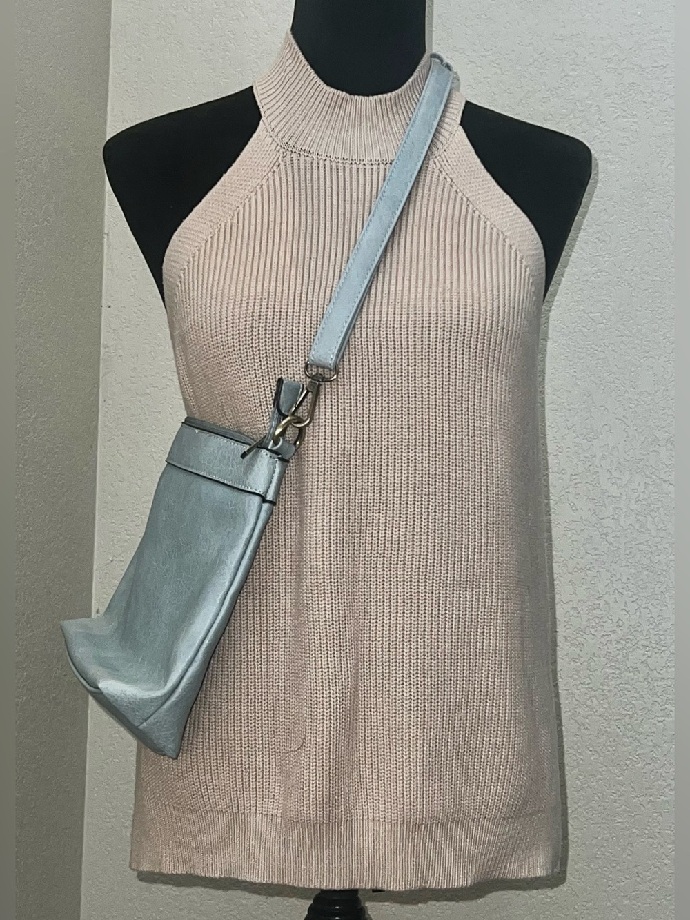 Khaki Ribbed Knit Halter Sweater Top, M